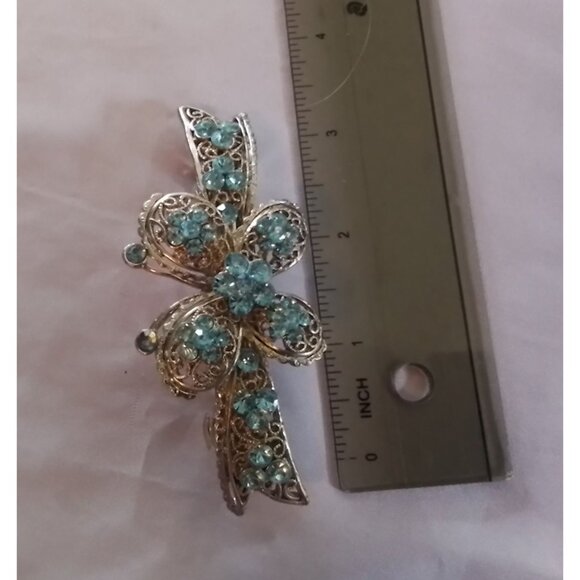 Vintage Silver Tone & Blue Rhinestone Floral Hair Barrette Clip - Picture 3 of 3